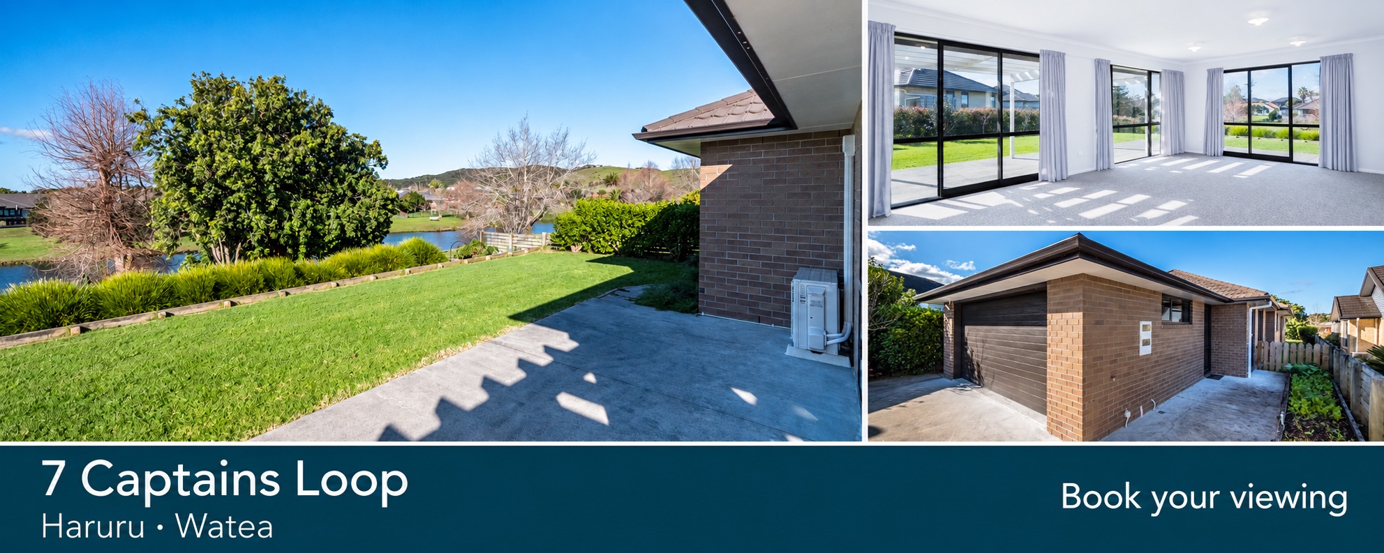7 Captains Loop, Haruru — the lawn and lake view, the living room, and the brick frontage with double garage